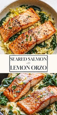 A delicious Mediterranean-inspired healthy dinner. This easy one-skillet meal combines perfectly seared salmon with zesty lemon orzo for a nutritious fish dinner. Ideal for those following the Mediterranean diet or anyone looking for quick and tasty recipes. #MediterraneanDiet #SkilletMeal #HealthyDinner