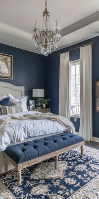 Click for More ➡️ | Save for Later ❤️  Hey lovelies! 💕 Find some of the most beautiful blue bedroom ideas that can really inspire you on the next home project. Blue as a color is very adored with its presence in showing a calming environment.  #bedroom #bluebedroom #bluebedroomideas  50. French country dark blue bedroom Real Estate