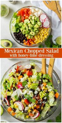 This Mexican Chopped Salad recipe is a wonderful, light addition to a heavy Mexican-themed meal. The Honey-Lime Dressing is delicious too. Photos included.