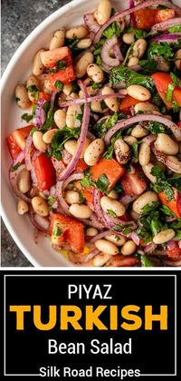 Piyaz is a flavorful Turkish navy bean salad full of fresh veggies and protein. Make it in 15 minutes for a full meal or healthy mezze dish! #piyaz #turkishrecipes #healthysalads #navybeansalad