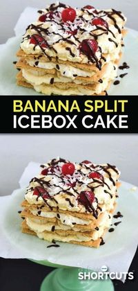 Don't miss this quick & easy no-bake dessert. It is sure to make everyone ask for more, and beg for this Banana Split IceBox Cake Recipe. | @AFewShortcuts #recipe #dessert #cake #banana #nobake