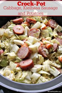 Crock-Pot Cabbage, Kielbasa Sausage and Potatoes - This recipe for Crock-Pot Cabbage, Kielbasa Sausage and Potatoes is delicious, easy to make and frugal too. An old fashioned recipe made new by cooking it in the slow cooker! [Gluten Free, High Fiber, Low Calorie, Low Fat, Low Sugar and just 5 Weight Watchers SmartPoints per serving!] #crockpot #slowcooker #keilbasa #frugal #cabbage ♥ CROCKPOTLADIES.COM