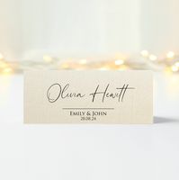 Help your guests find their seats with these personalised folded place cards and avoid the confusion of everyone walking around, not knowing where they're going. - each card measures 1.7 inches (45mm) x 4 inches (100mm) folded and 3.4 inches (90mm) x 4 inches (100mm) unfolded - printed on high quality ivory linen card - 260gsm textured card for an elegant touch - cards come pre-folded and ready to use straight away - use full names or first names (your choice) - add table numbers or wedding titl