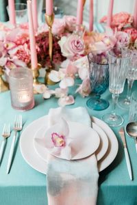 Get a sneak peek at our latest event setup! We’re loving this pink and teal table setting. It’s a perfect combination of bold and soft colors with a sparkle of modern glamour.