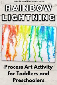 Rainbow Lightning is a fun and easy process art activity for kids. Great for weather or rainbow themed curriculums. #processart #artsandcrafts #preschool #kindergarten #weather #rainbows