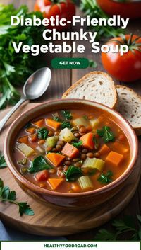 This wholesome soup is loaded with fiber-rich lentils, beans, and leafy greens for a filling, healthy meal. Perfect for cozy evenings!  Sauté carrots, celery, and onion, then add lentils, tomatoes, beans, and stock. Simmer for 10 minutes, stir in greens, season, and cook for another 10 minutes. Serve with crusty bread and a splash of chili sauce for extra flavor!  Want the full recipe with step-by-step details? Click the link now!  #DiabeticFriendlySoup #HealthyRecipes #VegetableSoup #PlantBasedMeals #HeartySoups #SoupRecipe