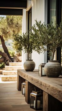 Discover the allure of Spanish style in the heart of California. This snapshot captures a cozy corner of the terrace, adorned with a rustic wood bench and lush greenery. An ode to warmth and Mediterranean elegance. Spanish Style | Elegance | Home | Interior design | California Sun