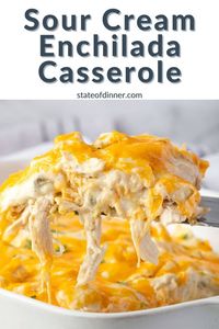 Sour Cream Chicken Enchilada Casserole has every flavor you want in a Mexican chicken dinner. It is a cheesy, creamy, layered casserole and you get the taste of enchiladas without having to mess with rolling up tortillas!