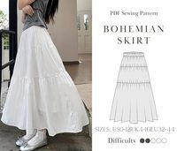 PDF Digital Sewing Pattern for Bohemian Skirt. This skirt is also called tiered waist skirt. This is a PDF digital download sewing pattern to be printed at home on a home printer or if you prefer at a print shop ,pattern files include seperate all size to print. 4 Files available for download : -US letter printable pattern ( for US letter printers and paper) -A4 printable pattern ( for A4 size printers and paper) -A0 printable pattern (large format for print shop printing) -Book instruction with