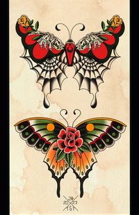 Traditional butterfly tattoo flash. Measures 11x17 inches. Shipped with cardboard backing and art sleeve.