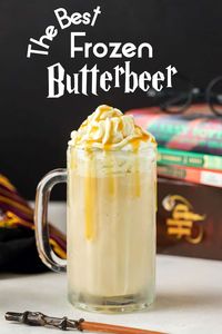 Copycat Harry Potter Frozen Butterbeer on a table in front of Harry Potter Books