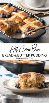 This easy, delicious, homemade hot cross bun bread and butter pudding is the perfect Easter recipe. This recipe is a twist on the classic bread and butter pudding but made with hot cross buns instead.