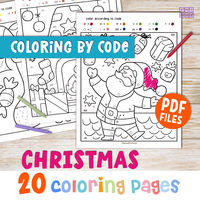 CHRISTMAS coloring pages by code for preschool kids, simple & easy printable CHRISTMAS coloring sheets, color according to code activity