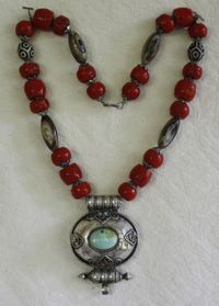 Tibetan Necklace | Silver Gau with turquoise and coral, combined with red coral, silver and stone beads. | ca. 1930s