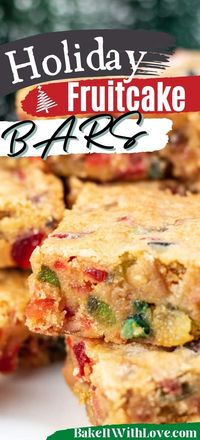 Fruitcake bars are a delicious fruit dessert that combines holiday fruitcake mixed peel, dried dates, candied red and green glace cherries, and candied pineapple! They are incredibly easy to make and turn out wonderfully moist every time. Even if you are not a fan of fruitcakes, these tasty bars are bound to change your mind! BakeItWithLove.com #bakeitwithlove #fruitcake #dessertbars #desserts #sweets