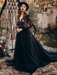 Black Wedding Dresses A-Line Designed Neckline Long Sleeves Natural Wa — Bridelily