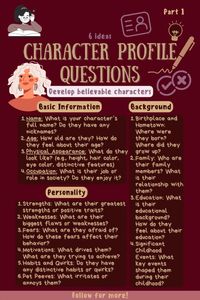 Character Profile questions template for developing the characters in his novel. Dive into our curated collection of character profile ideas to develop compelling backstories and traits for your novel. Whether you're writing fantasy, romance, or urban fiction, these tips will help you create unforgettable characters. Perfect for writers seeking inspiration for their next project. Discover how to structure character development, explore unique personality traits, and build immersive worlds around your characters. Ideal for writers at any stage of their journey. #CharacterProfile #WritingTips #CreativeWriting #CharacterDevelopment #AuthorInspiration