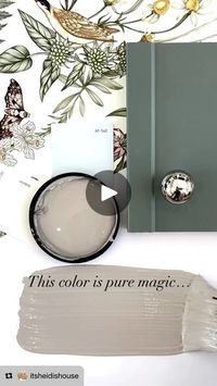 3.5K views · 10K reactions | Isn’t the name of this color awesome!

First, SAVE 💾 this one for later. 

Smoke and Mirrors from Benjamin Moore. 

The name says it all! 

Smoke and Mirrors is one of those magical colours that has depth and illusion.  You can paint this color on every wall in a room, and it will look like you have 2 or 3 different colours instead of just one-especially during different times of the day. 

It is a gray with a brown undertone.  A perfect greige! 
(Wallpaper is “Secret Garden” from @hyggeandwest)

👉🏻Would you use this color and where?

#greige #greigestyle #greigehome #greypaint #graycolor #beigeaesthetic #smokeandmirrors #smokeandmirrorstour #colorfulhome #colorfulhouses #designinspirations #homeinspo4you #wallpaperlove #greencabinets #greencolor #beigeinter