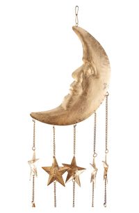 Hear the moon, stars, and the sun sing with a soft breeze in this eclectic style gold metal moon windchime. This indoor or outdoor decor will subtly chime with the breeze in your garden, patio or near a window, and bring delight with its brilliant gold finish. The moon dangles on a metal chain as it supports the weight of the stars and the sun cascading downwards with each piece dangling on a metal cable. Small bell chimes are attached at the ends to create their melodious song. Hang this piece