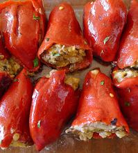 Piquillo Peppers with Mushroom Stuffing and Cheese Sauce. #HalfYourPlate #Peppers #StuffedPeppers #Vegetarian