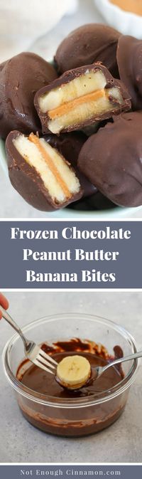 You only need three ingredients to make these delicious healthy frozen chocolate peanut butter banana bites. They are super easy to make and always a hit with everyone!  #healthysnack #healthydessert #easysnack – Recipe on NotEnoughCinnamon.com