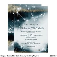 Elegant Galaxy Blue Gold Stars Wedding Invitation