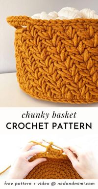 This chunky crochet basket has a such a unique texture, thanks to the diagonal chevron stitch pattern. The basket is crocheted with super bulky (#6 yarn) so it works up very quickly. If this stitch pattern is new to you, then please do check out the video tutorial below!