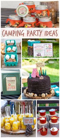 A backyard camping boy birthday party with fun foods, s'mores, mason jars and a drink station! See more party planning ideas at CatchMyParty.com!