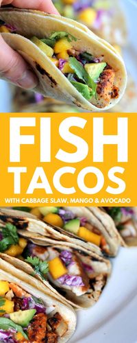 Cinco de Mayo is right around the corner, and this recipe for fish tacos is the perfect dinner to cook up in celebration! These tacos are so colorful and delicious, plus super easy to make.  The spicy chili-lime tilapia, crunchy sour cream cabbage slaw, along with sweet mango and avocado give these tacos loads of flavor.