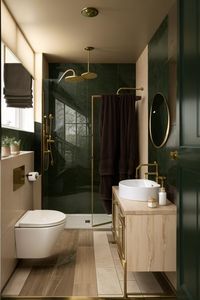 Experiment with this precise design and furniture in your own area using AI HomeDesign with just one simple click!Green, Gold, Bathroom, Metallic, Brass, Copper, Bathtub, Faucet, Black, Wood, Earth tone, Dark, Premium, Accessories, Shower#BathroomDesign #GreenTones #GoldenCharms #MetallicBrass #CopperAccents #GoldFaucet #BlackAndGreen #EarthTones #WoodDetails #AIHomeDesign