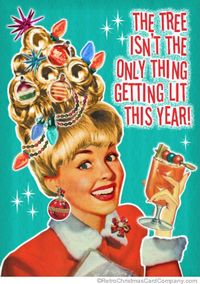 Funny Christmas Party Invitations, Getting Lit - This retro Christmas Party Invitation shows a happy woman with her hair done to look like a Christmas tree