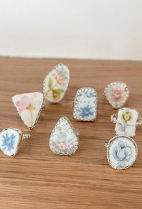 These one-of-a-kind rings are made from hand-selected vintage and antique china patterns. Each plate is cut, shaped, and polished into a perfectly unique fragment of vintage floral goodness. Every stage of these sterling silver rings is carefully crafted by hand in Summerfield, NC.