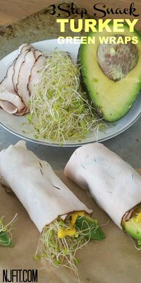 It's time to talk TURKEY! Turkey Green Wraps Ingredients: Turkey, mustard, sprouts, & avocado Lay down turkey and spread on mustard or dressing add sprouts and avocado slice Wrap! Click for more healthy and easy snacks!