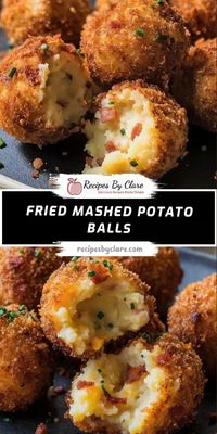 These golden, crunchy mashed potato balls are filled with cheese, bacon, and chives, delivering a perfect balance of crisp and creamy.  Ingredients:  3 cups leftover mashed potatoes ⅔ cup shredded cheddar cheese 3 slices bacon, cooked and crumbled 1⅓ cups panko bread crumbs Crispy on the outside and soft, cheesy inside, these fried potato balls are the ultimate comfort snack!