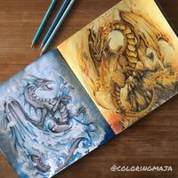 My silver and gold dragons are complete 🔥🌊 I’m so pleased with how they turned out as a pair 😍 I used Holbeins for the dragons, prismas for…