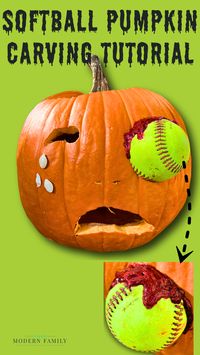 DIY softball pumpkin carving tutorial – a fun and easy Halloween decor idea for softball fans! Find the full tutorial and tips. Works for baseball pumpkin carving & lacrosse pumpkin carving, too! 