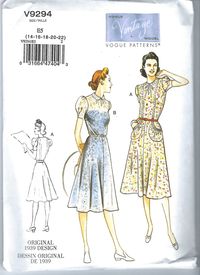 Uncut vogue sewing pattern 9294 Vintage 1939 Reissue Misses' Dresses Sewing Pattern Size 6-14 14-22 FF UNCUT, complete, factory folded, UNUSED condition.