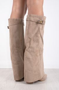 Women's Taupe Faux Suede Fold Over Shark Classic Buckle Knee High Boot – Miss Moda Luxe