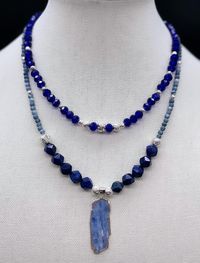 Elevate your style with this handmade necklace featuring the serene beauty of Natural Blue Onyx Beads, the deep hues of Blue Lapis Stone Beads, and the enchanting allure of Natural Kyanite Stone Pendants. The Natural Blue Onyx Beads symbolize strength and grounding, while the Blue Lapis Stone Beads evoke wisdom and truth. The Natural Kyanite Stone Pendants add a touch of spiritual connection. Embrace the craftsmanship of this unique piece, where each element tells a story of beauty, strength, and inner balance.