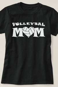 A fun customizable volleyball mom t-shirt for proud volleyball moms. With a custom text box where you can type in your own volleyball player name and jersey number to show on the back of the shirt. Featuring a unique design on the front with VOLLEYBALL MOM in bold white text and a heart-shaped volleyball in place of the O. Makes a great gift for volleyball moms at all levels, from youth volleyball leagues through high school and college.