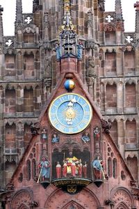 When you're in Nuremberg, don't miss the “Männleinlaufen” (mechanical clock and glockenspiel) at the Church of Our Lady every day at noon. © Steffen Oliver Riese------------------------------------------------------- Terms of use: It is allowed to use the photo for touristic or economic depiction of the location Nuremberg or for press work. A commercial use is strictly prohibited. The photo is protected by copyright, the photographer has to be named when using the picture.