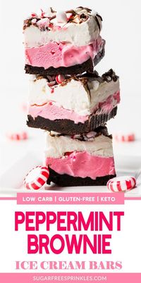 These low carb ice cream bars are the perfect treat for the holidays.  A chocolate brownie bottom topped with creamy peppermint ice cream and dolloped and drizzled with whipped cream and milk chocolate.  This keto-friendly frozen treat recipe is great for anyone following a low carb diet or wants to cut back on sugar.   These ice cream bars are also gluten-free!  #ketoicecream #ketodesserts #lowcarbdesserts #ketoholidaydesserts