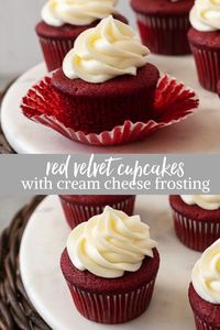 Red Velvet Cupcakes is a classic red velvet cupcake recipe topped with vanilla cream cheese frosting.  They're light, fluffy and perfect for any celebration! #cupcakes #cupcakerecipes #redvelvet