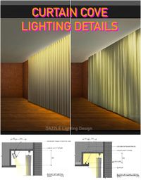 ⏺️ Cove lighting with LED strip light provides the even illumination to wash the entire curtain wall. ⏺️ Track mounted spotlights are concealed in the cove ceiling to light the curtain wall. Directed light will emphasize on the texture and shape of the curtain, creating stronger shadows. see more details: https://dzzdesign.com/curtain-cove-lighting-details/