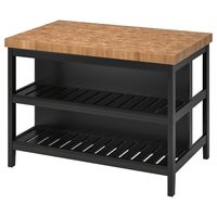 VADHOLMA Kitchen island, black, oak. Gather around the kitchen island! VADHOLMA is the home’s given meeting point and perfect when you cook together. Plenty of storage ‒ and the generous butcher block gives you a robust workspace.