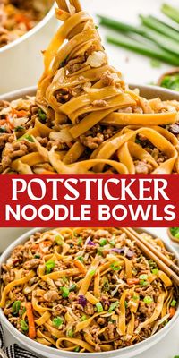 Potsticker Noodle Bowls take the tender noodles, ground pork, veggies, and savory sauce from a traditional pan-fried Asian appetizer and turn them into a main course meal. Skip the take-out because this easy noodle dish can be made in 10 minutes.