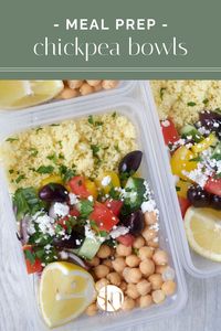 Filled with couscous, chickpeas, vegetables, and feta cheese, these Greek-inspired chickpea bowls are a quick and easy meal prep idea.