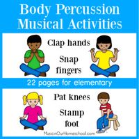 Body Percussion Musical Activities contains 22 pages of activities to help your elementary students learn rhythm through body percussion. They will clap hands, snap fingers, pat knees, and stomp feet while "reading" included body percussion compositions using quarter notes, 2 eighth notes, and quarter rests.Students can also use the flashcards to practice composing or writing and then playing their own body percussion compositions.The last two pages are for the youngest children to write "clap h