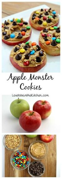 Apple Monster Cookies- The perfect healthier protein packed snack! Topped with fun ingredients these Apple Monster Cookies are the best snack! These are vegan and gluten free.