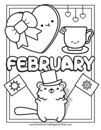 easy coloring page for February with groundhog, heart-shaped box of chocolates, and cup of tea, with the word February.